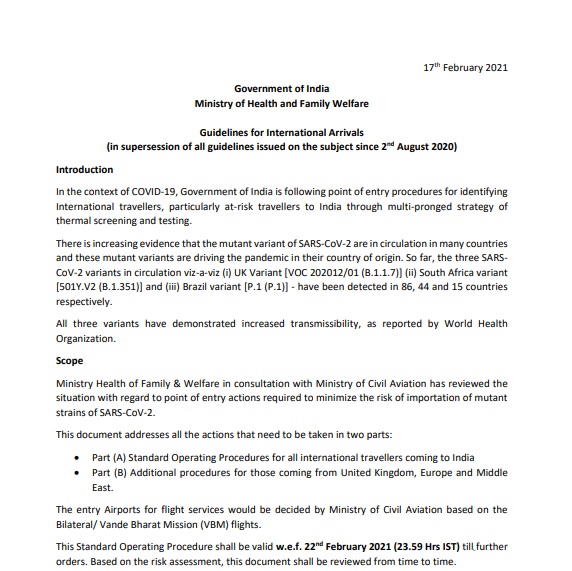 Guidelines for International Arrivals